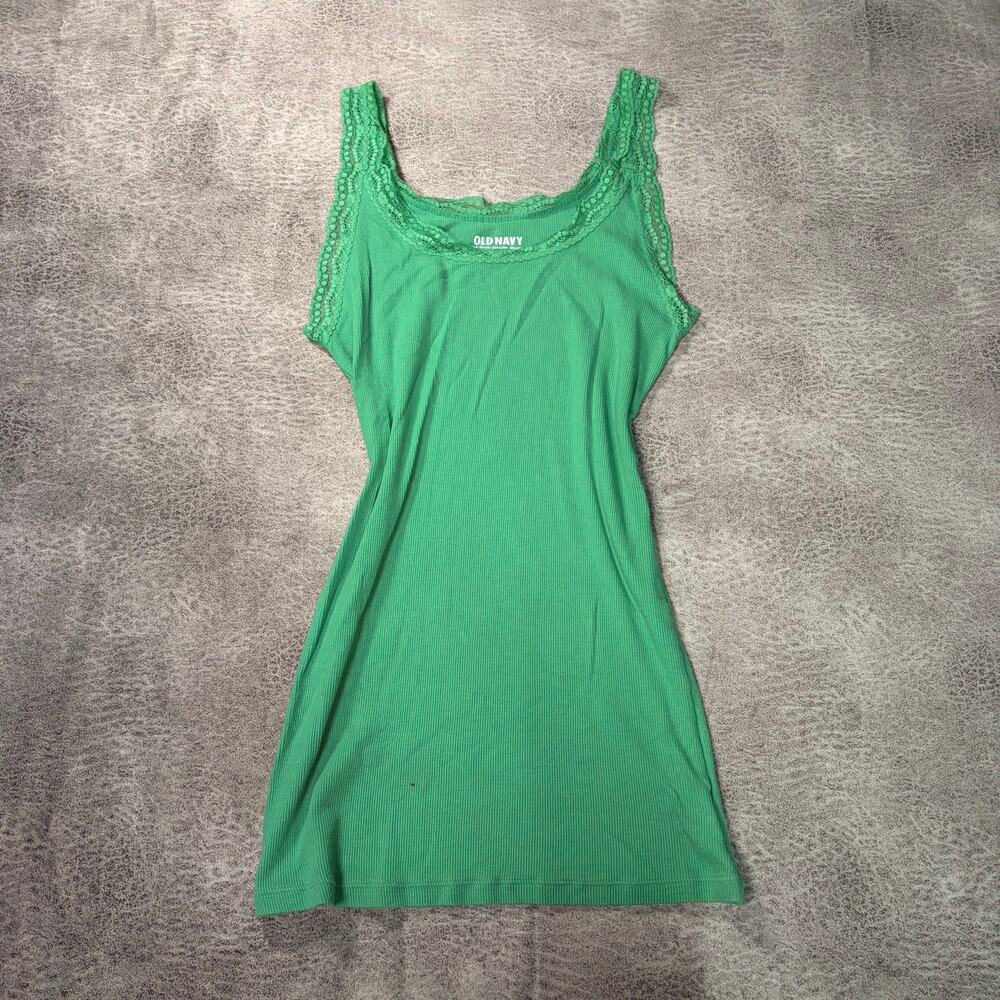 Green Ribbed Lace Trim Tank Top